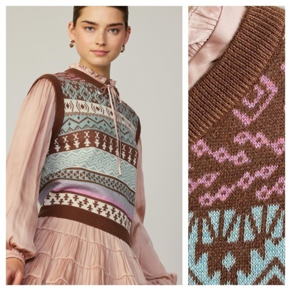 Current Air Brown Pink Sweater Vest Blouse Large
